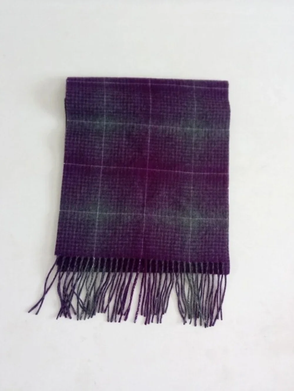 Club Room luxurious cashmere plaid purple and gray fringe scarf
